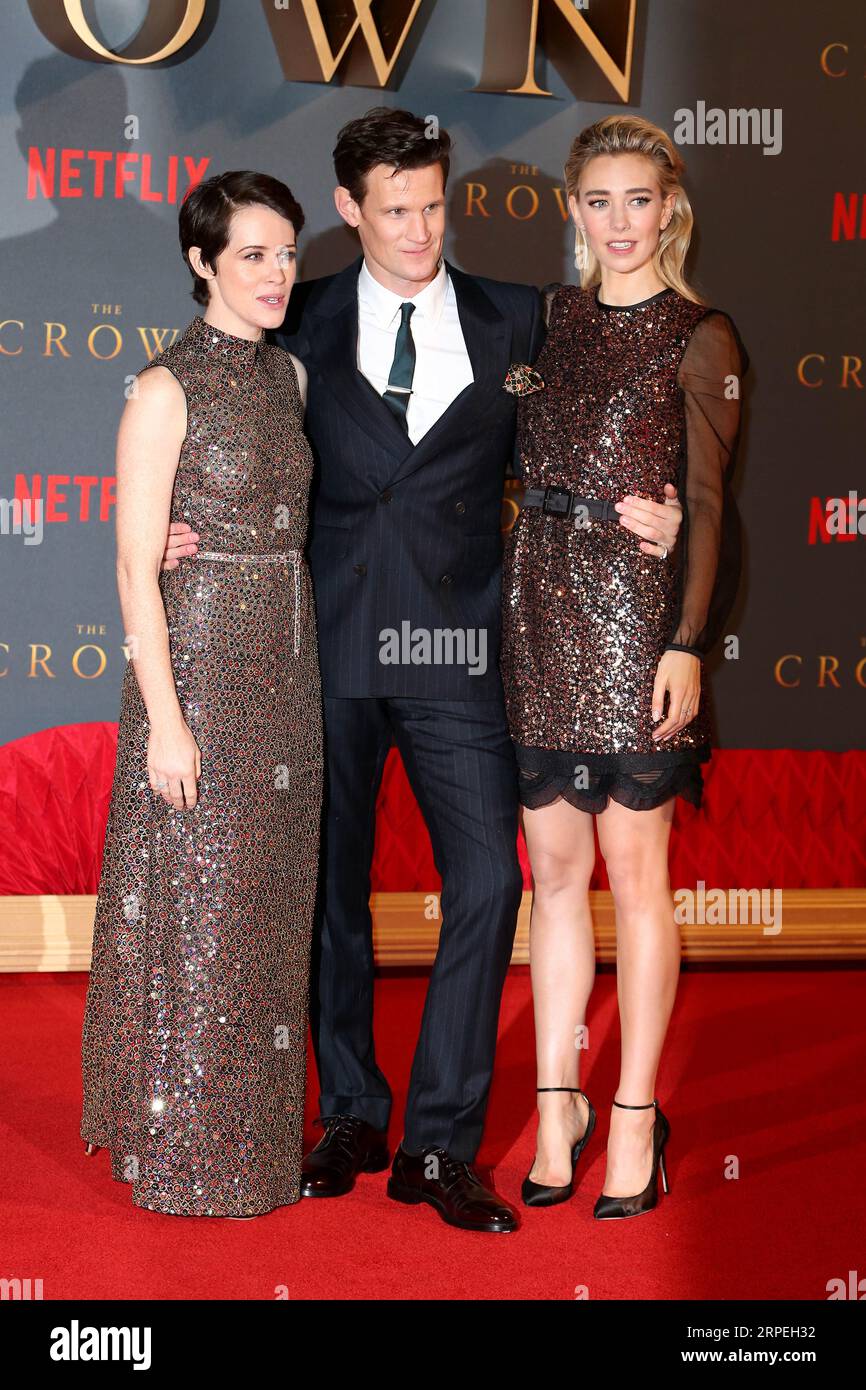 Claire Foy (left) and Matt Smith attending the season two premiere of The  Crown at the Odeon, Leicester Square, London Stock Photo - Alamy