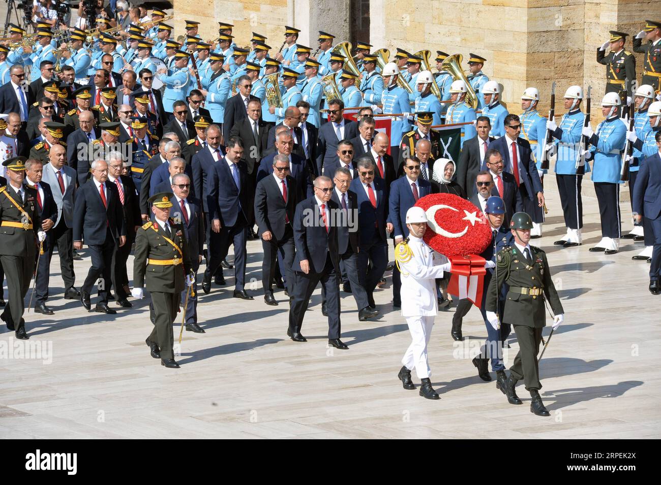 (190830) -- ANKARA, Aug. 30, 2019 -- Turkish President Recep Tayyip Erdogan attends a ceremony held in the Ataturk Mausoleum in Ankara, Turkey, Aug. 30, 2019. The Turkish leader paid tribute to Mustafa Kemal Ataturk, founder of the Republic of Turkey, at the ceremony. Turkey marked on Friday the 97th anniversary of Victory Day, the day the Turks defeated the Greek forces at the Battle of Dumlupinar, the final battle of the Turkish War of Independence in 1922. (Photo by /Xinhua) TURKEY-ANKARA-VICTORY DAY MustafaxKaya PUBLICATIONxNOTxINxCHN Stock Photo