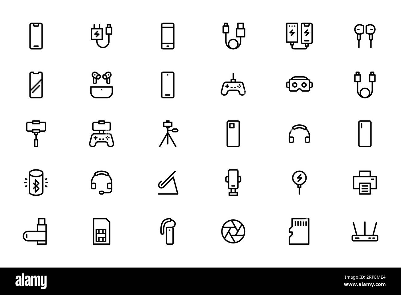 Mobile phone accessories gadget icons. Editable stroke Stock Vector
