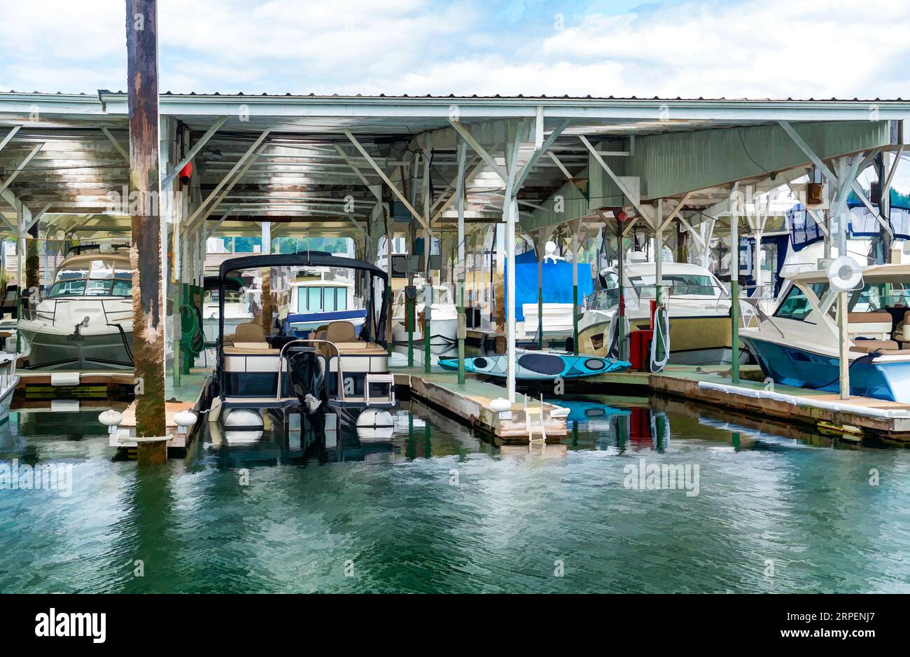 An illustration of covered boats at a marina in Gig Harbor, Washington ...