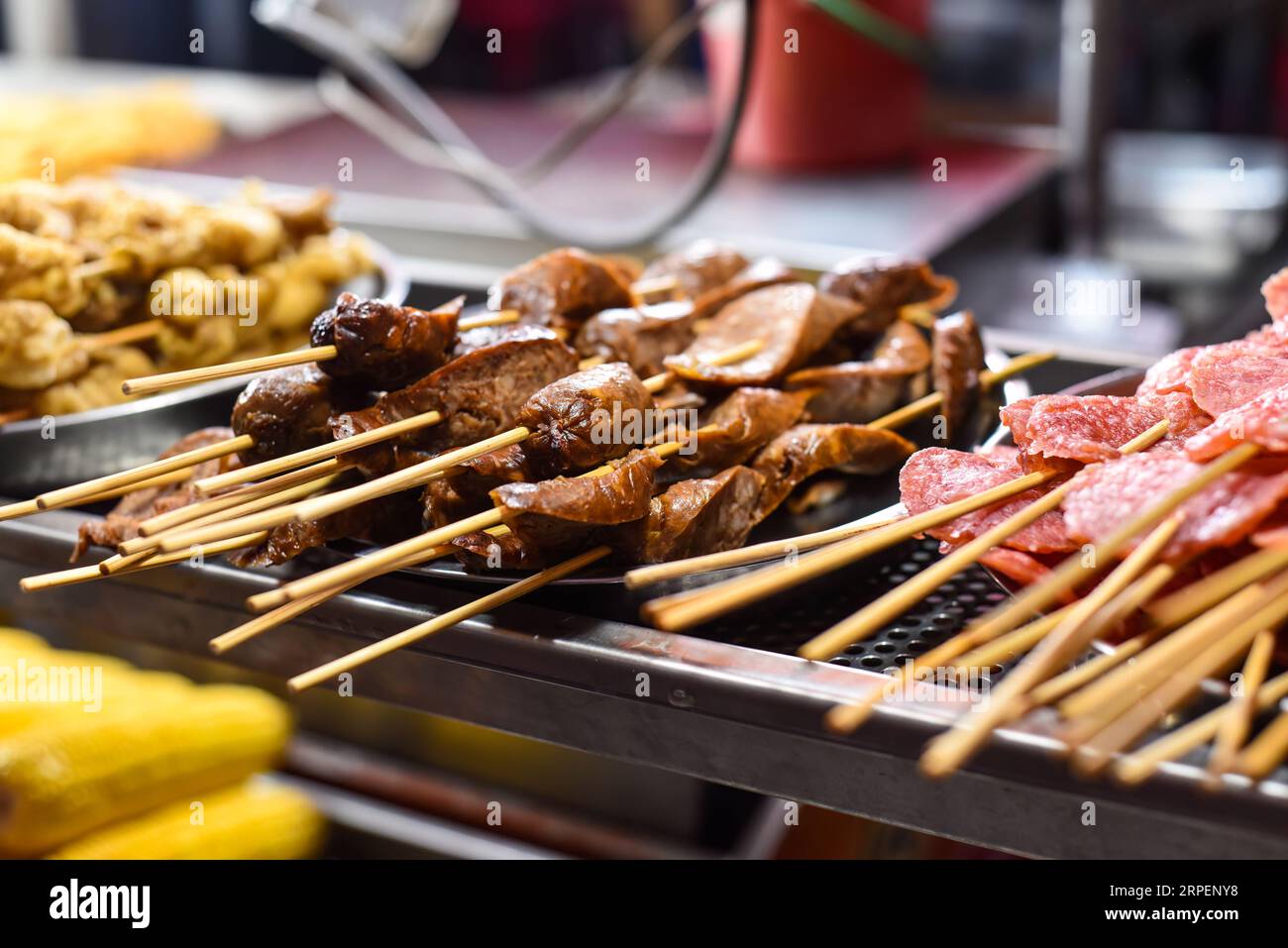 Grilled sausages and salami bbq in Jalan Alor street food in Kuala