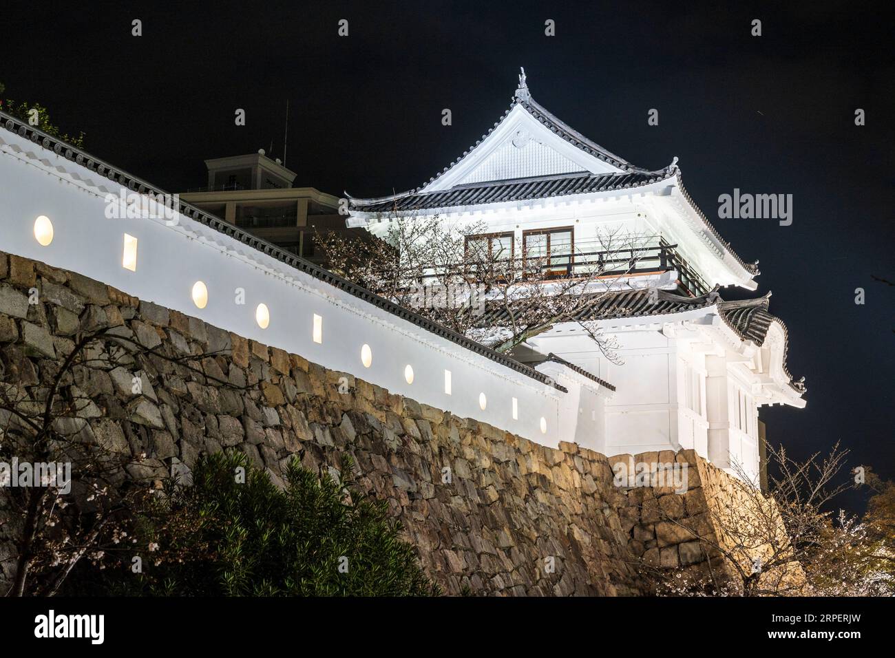 Night view of the illuminated Tsukimi yagura, turret, with cherry blossoms at Fukuyama castle in Japan. It has a balcony used for moon viewing. Stock Photo