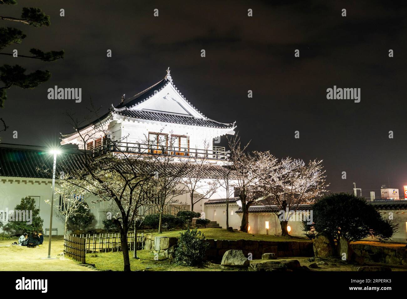 Night view of the illuminated Tsukimi yagura, turret, with cherry blossoms at Fukuyama castle in Japan. It has a balcony, which used for moon viewing. Stock Photo