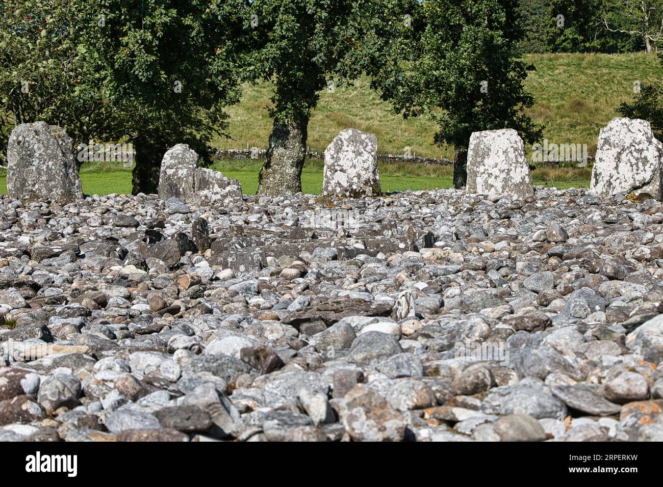 Pre-historic standing stones, Temple Wood Stone Circle, Kilmartin Glen, Argyll, Scotland, UK Stock Photo