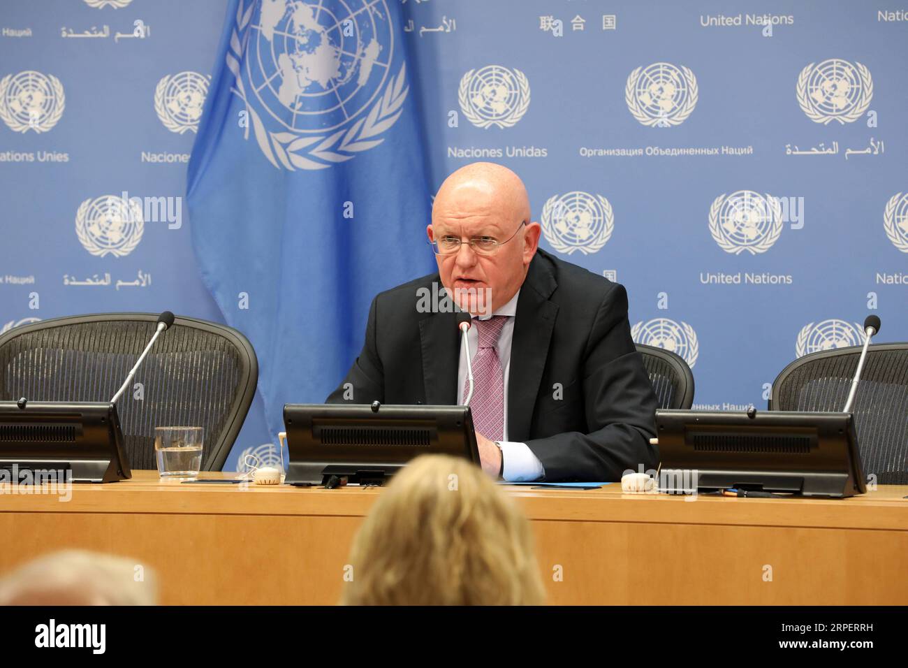 (190903) -- UNITED NATIONS, Sept. 3, 2019 -- Vassily Nebenzia, Russia s UN ambassador and president of the Security Council for the month of September, speaks to journalists during a press briefing at the UN headquarters in New York, on Sept. 3, 2019. United Nations Security Council will highlight UN cooperation with regional organizations and the settlement of African problems in September, Vassily Nebenzia said Tuesday. ) UN-SECURITY COUNCIL-RUSSIA-PRESS BRIEFING MaxJianguo PUBLICATIONxNOTxINxCHN Stock Photo