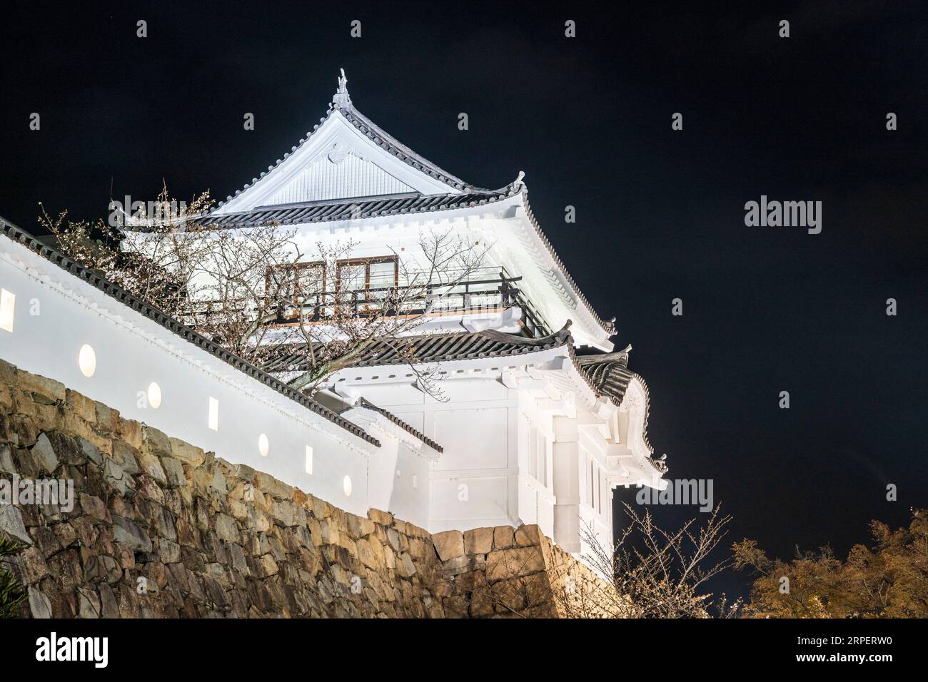 Night view of the illuminated Tsukimi yagura, turret, with cherry blossoms at Fukuyama castle in Japan. It has a balcony, used for moon viewing. Stock Photo