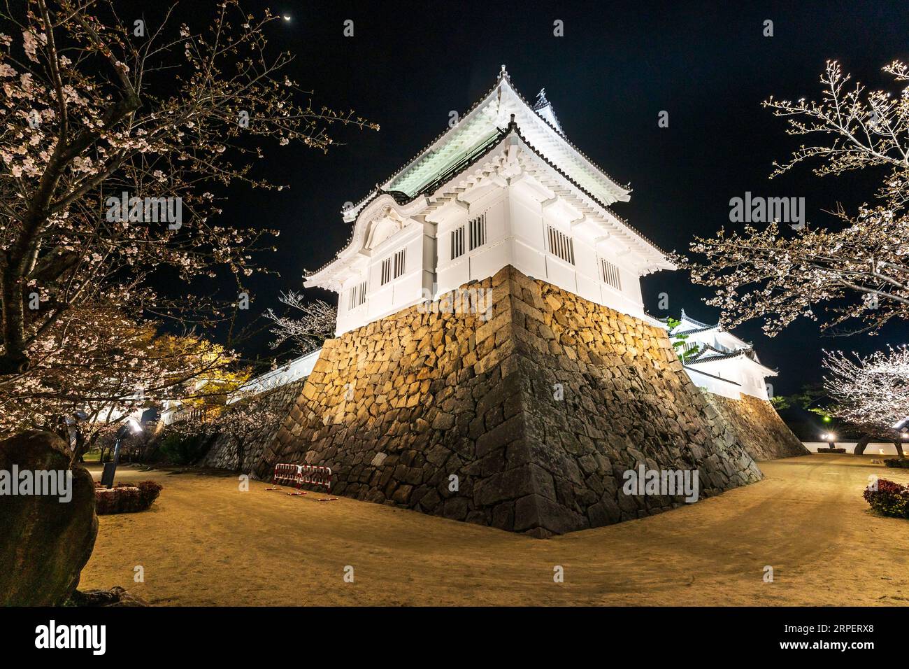 Night view of the illuminated Tsukimi yagura, turret, on top of ishigaki stone walls that enclose the Honmaru, with cherry blossoms at Fukuyama castle Stock Photo