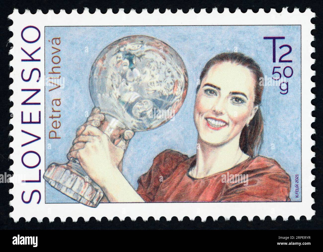 Petra Vlhová. Postage stamp issued in Slovakia in 2021. Petra Vlhová (born 1995) is a Slovak World Cup alpine ski racer who specialises in the technical events of slalom and giant slalom. Vlhová won the World Cup overall title in 2021 and the gold medal in the 2022 Winter Olympics in the slalom event, becoming the first Slovak skier to achieve these feats. Stock Photo