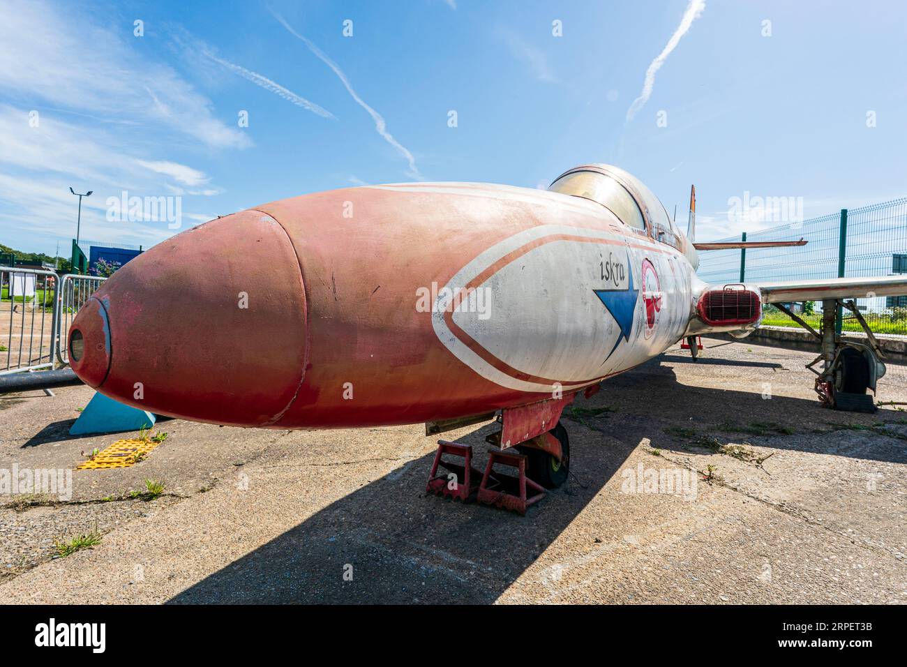 Nosecone view of a Decommissioned PZL Mielec TS-11 Iskra Polish trainer jet parked outdoors at the RAF Manston History Museum. Sunny, blue sky. Stock Photo