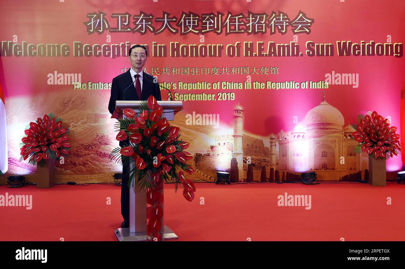 (190904) -- NEW DELHI, Sept. 4, 2019 -- Chinese Ambassador to India Sun Weidong speaks at a welcome reception in his honor in New Delhi, India, Sept. 3, 2019. The Chinese government attaches great importance to its relations with India, which is a basic foreign policy China has adhered to for a long time, Sun said. ) INDIA-NEW DELHI-CHINESE AMBASSADOR-RECEPTION ZhangxNaijie PUBLICATIONxNOTxINxCHN Stock Photo