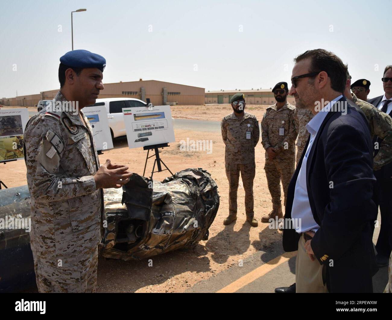 (190905) -- RIYADH, Sept. 5, 2019 -- U.S. Assistant Secretary of Near Eastern Affairs David Schenker (R) visits a military facility in Al Kharj, south of Riyadh, Saudi Arabia, on Sept. 5, 2019. David Schenker said on Thursday that the United States is in talks with Yemen s Houthi rebels in a bid to end the country s civil war. ) SAUDI ARABIA-RIYADH-U.S.-DAVID SCHENKER-VISIT TuxYifan PUBLICATIONxNOTxINxCHN Stock Photo