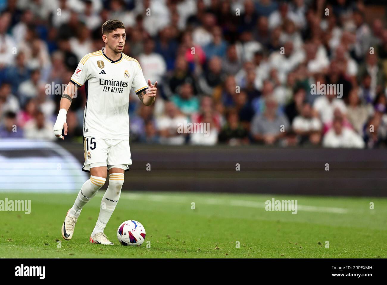 Federico Valverde of Real Madrid Cf in action during the La Liga match beetween Real Madrid Cf and Getafe Fc at Santiago Bernabeu Stadium on September 3, 2023 in Madrid  Spain . Stock Photo