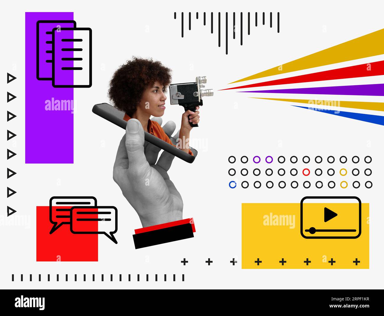 Collage of hand with a smartphone and a girl with a camera as a symbol of making content. Stock Photo
