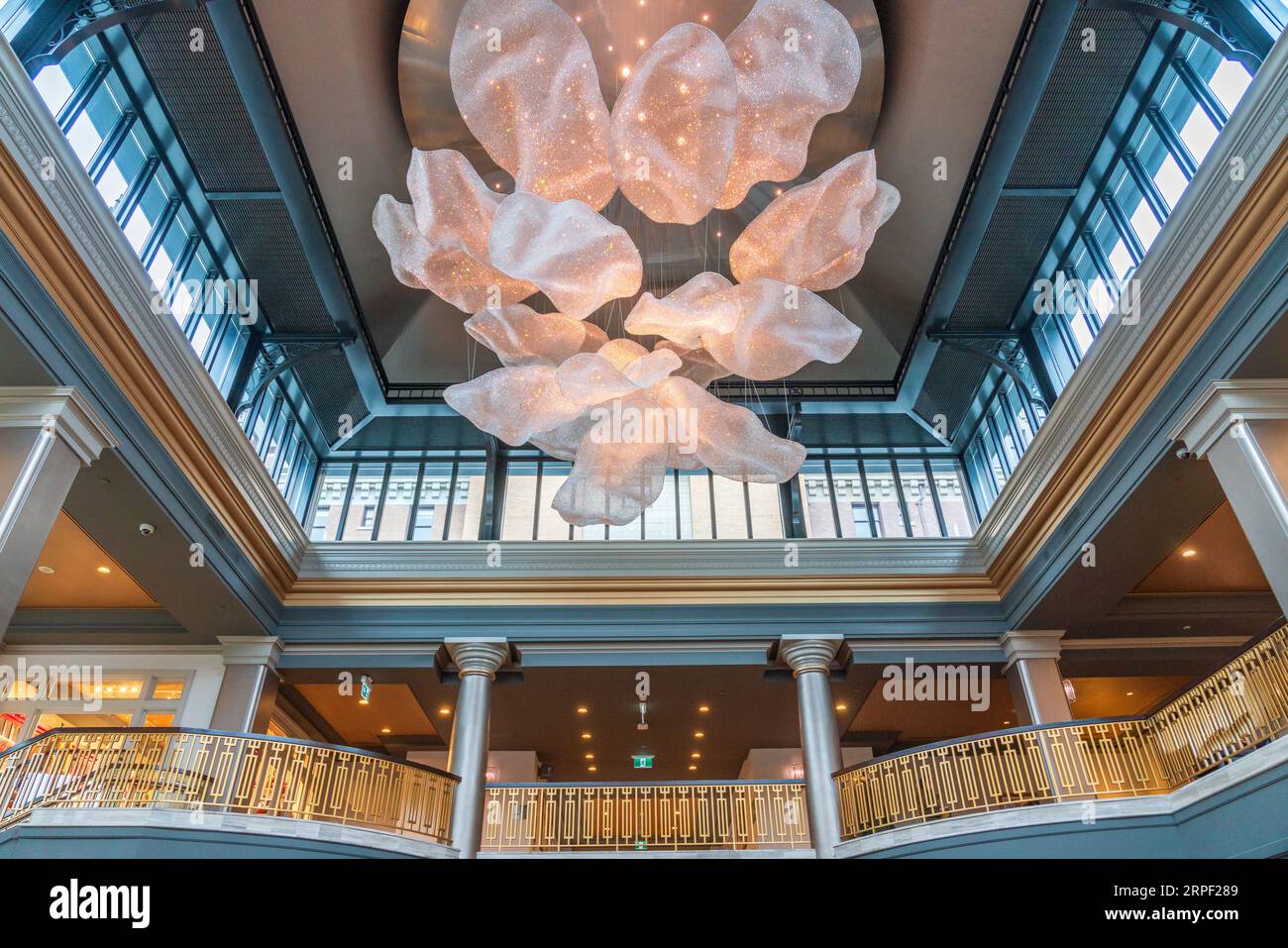 The decorative chandelier in the main lobby of the Empress Hotel in Victoria, Vancouver Island, British Columbia, Canada. Stock Photo