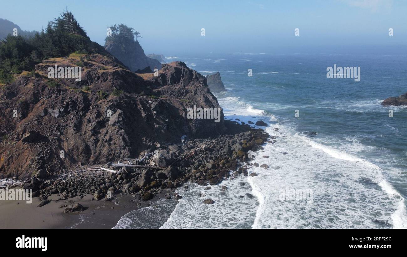 Aerial drone photo of the coastline in the Samuel H. Boardman Scenic Corridor on the Oregon Coast. Stock Photo