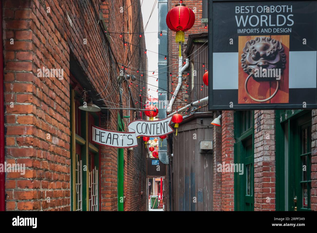 The narrow Fan Tan alley with shops in Victoria, British Columbia, Canada. Stock Photo