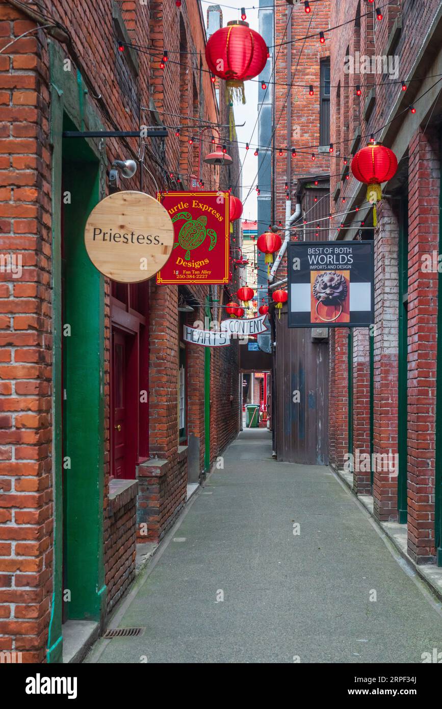 The narrow Fan Tan alley with shops in Victoria, British Columbia, Canada. Stock Photo