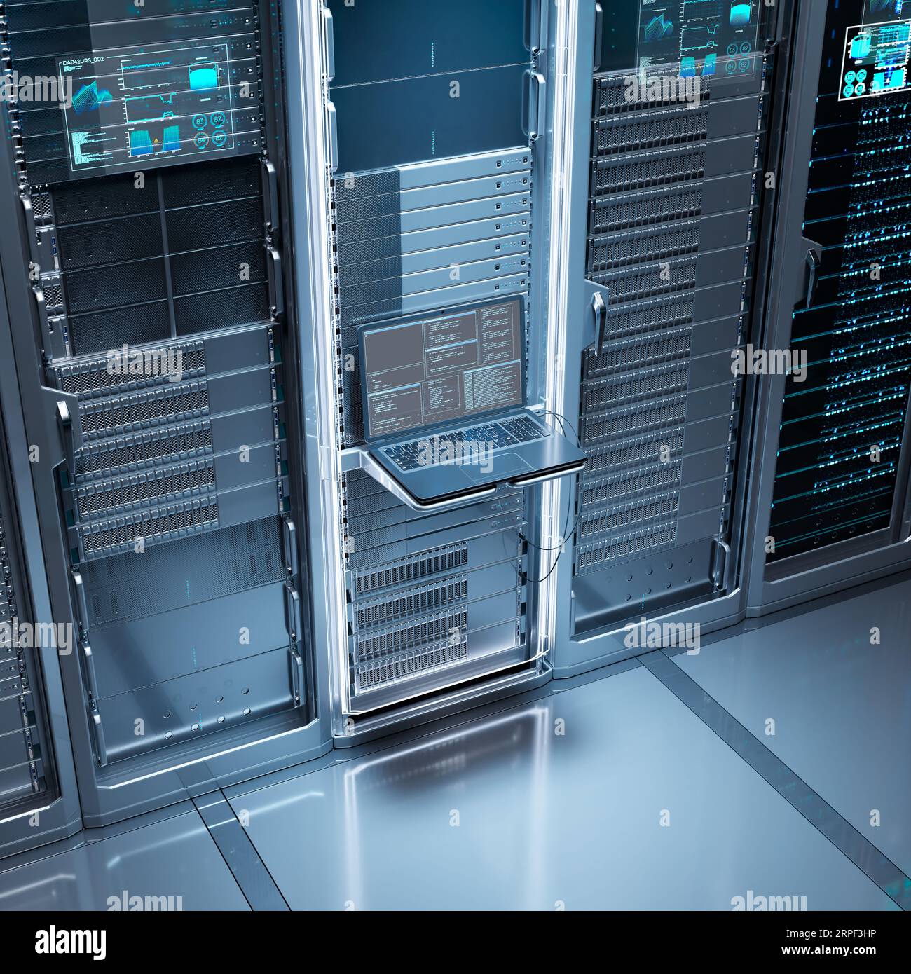 Main control computer managing network database code in a dark lit server farm. Stock Photo