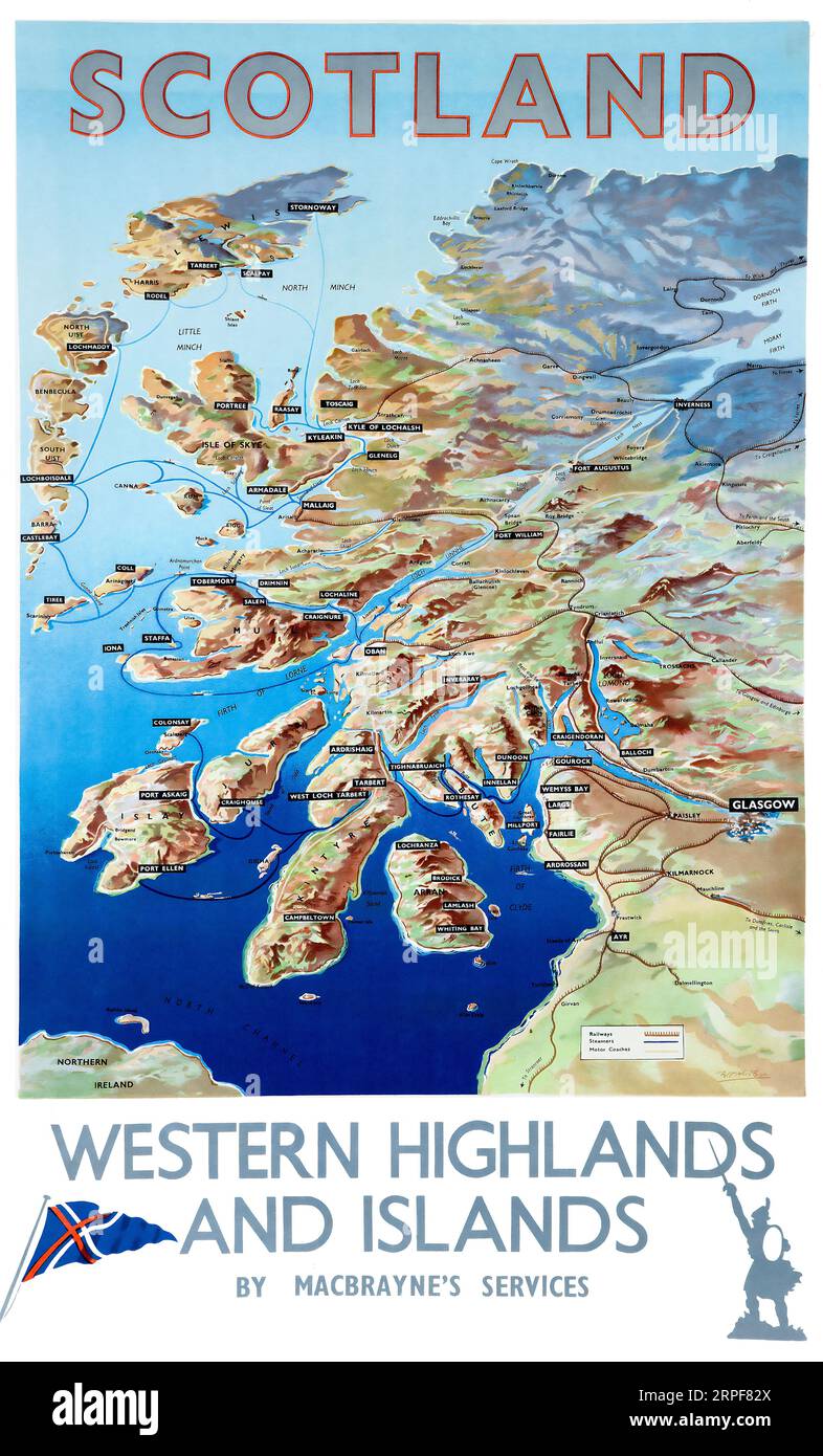 1930 Macbraynes Scotland travel poster with transport routes across Scotland including Railways, Steamers, and motor coaches Stock Photo