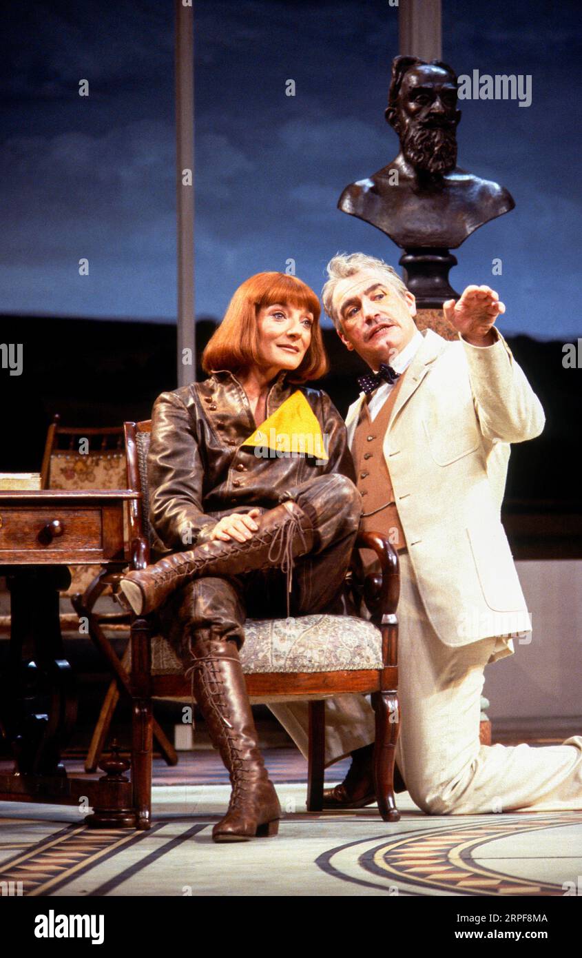 Jane Lapotaire (Lina Szczepanowska), Brian Cox (John Tarleton) in MISALLIANCE by Bernard Shaw at the Royal Shakespeare Company (RSC), Barbican Theatre, Barbican Centre, London EC2  08/10/1986  design: Roger Butlin  lighting: David Hersey  director: John Caird Stock Photo
