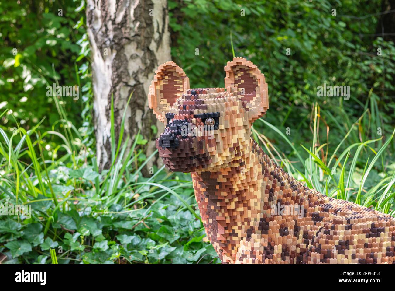 Zoo Planckendael, Mechelen, Belgium - Aug 29, 2023: Brick Safari and Animal Expo built with Lego bricks. Spotted Hyena. Stock Photo