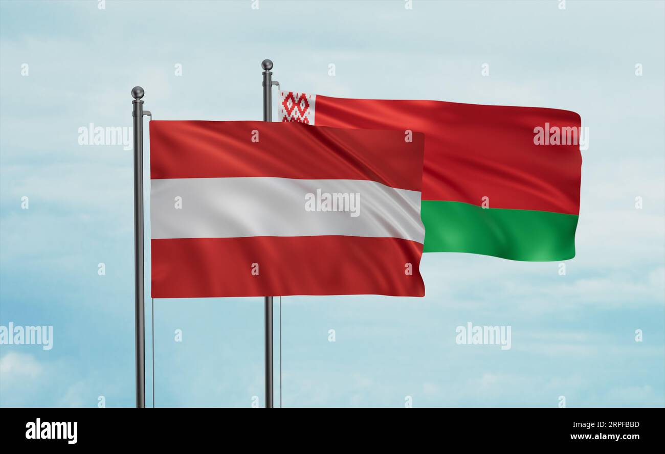 Belarus and Austria flag waving together in the wind on blue sky, two ...
