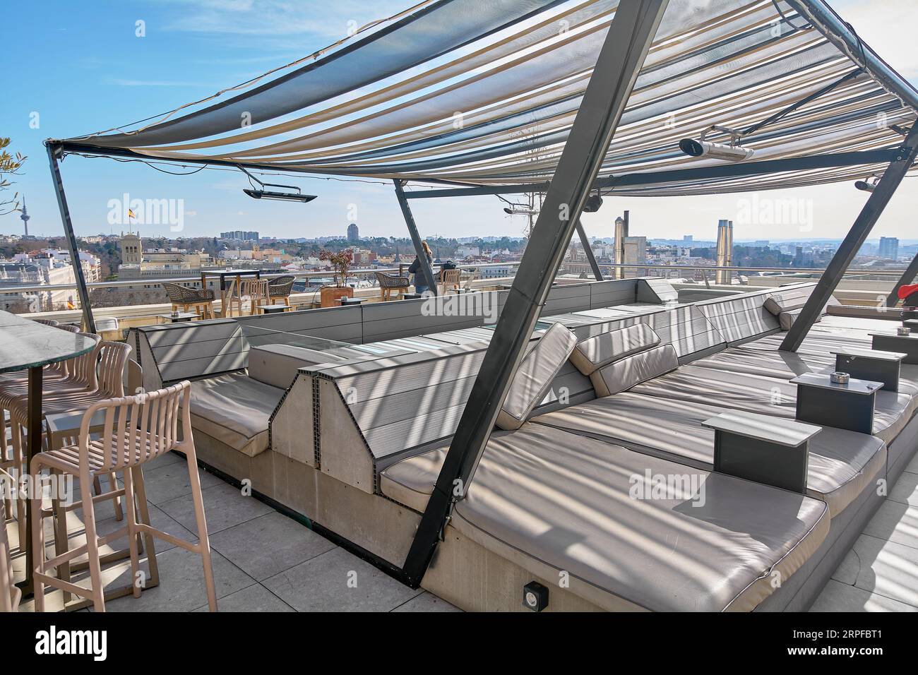 MADRID SPAIN - September 04, 2023: Chilao area without people in the cafeteria on the roof of the C rculo de Bellas Artes in Madrid. Stock Photo