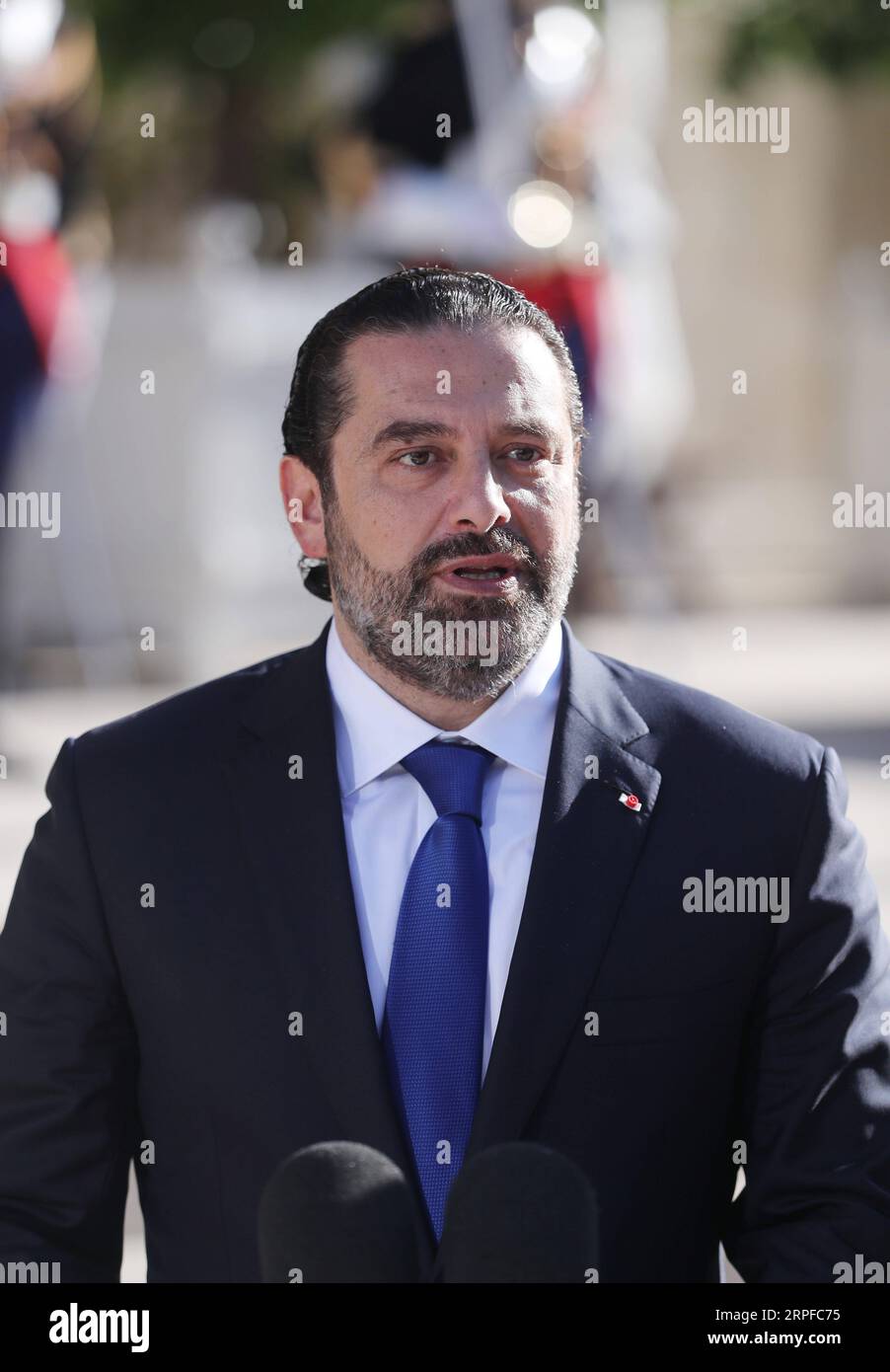 190920 -- PARIS, Sept. 20, 2019 -- Visiting Lebanese Prime Minister Saad Hariri addresses the media before his meeting with French President Emmanuel Macron not pictured at the Elysee Palace in Paris, France, Sept. 20, 2019.  FRANCE-PARIS-EMMANUEL MACRON-LEBANON-SAAD HARIRI GaoxJing PUBLICATIONxNOTxINxCHN Stock Photo