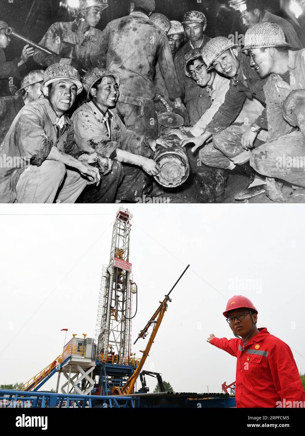 190921 -- BEIJING, Sept. 21, 2019 -- Top: File photo taken in 1965 shows oil workers taking out a long rock core for the first time in Daqing, northeast China s Heilongjiang Province. Bottom: Photo taken on June 26, 2019 by shows Jiang Hongwei of No. 1202 drilling team introducing an advanced drill in use at Daqing Oilfield. Nowadays, workers can realize fast and efficient operation in drilling control rooms with the upgrade of mechanization and automation level. In 1949 when the People s Republic of China was founded, the Chinese people faced a devastated country that needed to be rebuilt fro Stock Photo