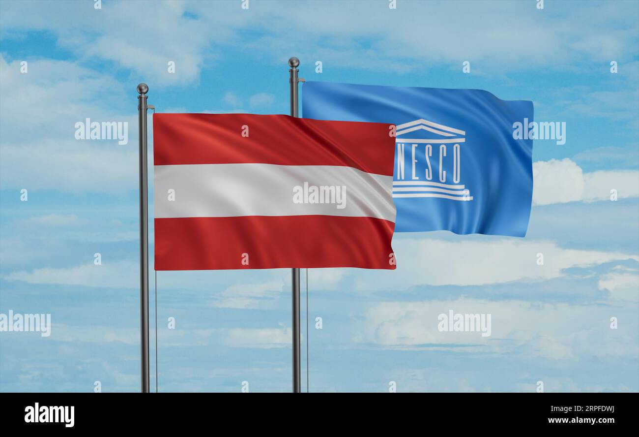 UNESCO and Austria flag waving together in the wind on blue sky Stock ...