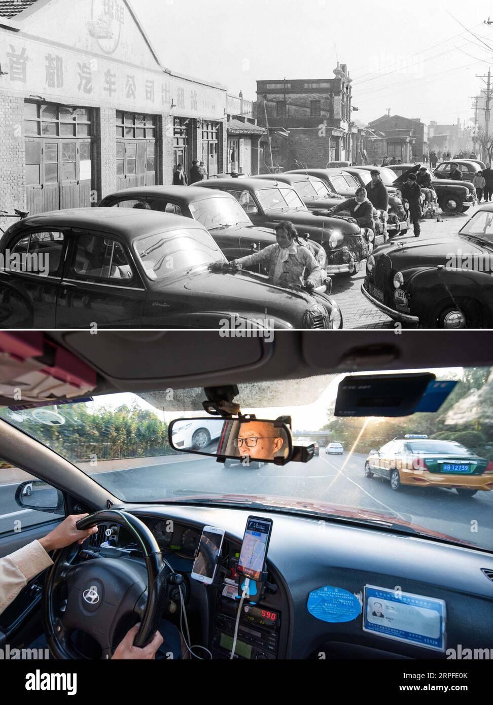 190922 -- BEIJING, Sept. 22, 2019 -- Top: Photo taken in 1965 by Zheng Zhensun shows employees of a car-hailing agency cleaning cars in Beijing, capital of China. Bottom: Photo taken on Aug. 25, 2019 by shows taxi driver Mu Huaidong heading to the destination after taking an order by online car-hailing platforms in Beijing. In 1949 when the People s Republic of China was founded, the Chinese people faced a devastated country that needed to be rebuilt from scratch after decades of warfare and chaos. After decades of unremitting endeavors and dedication by the Chinese people, China has grown to Stock Photo