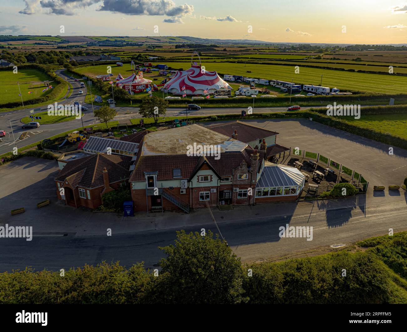 Aerial Photos, From THe Air, Birds Eye View, of the new Closed The Plough Inn & Fun Farm Lebberston near Scarborough Stock Photo
