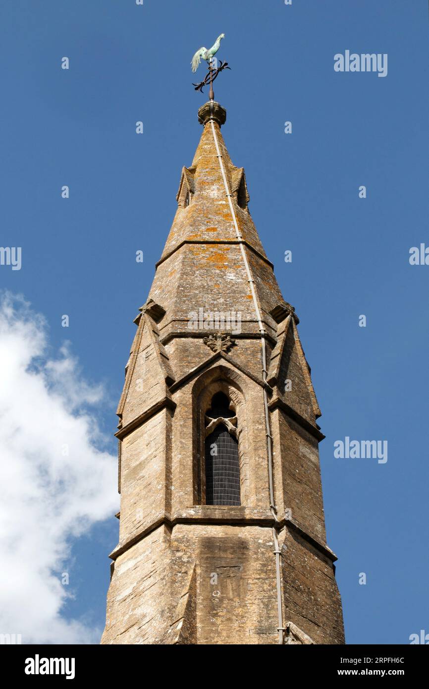 Church of St Simon and St Jude, Milton under wychwood. Milton-under-wychwood. Octagonal belfry, an unusual architectural feature. Stock Photo
