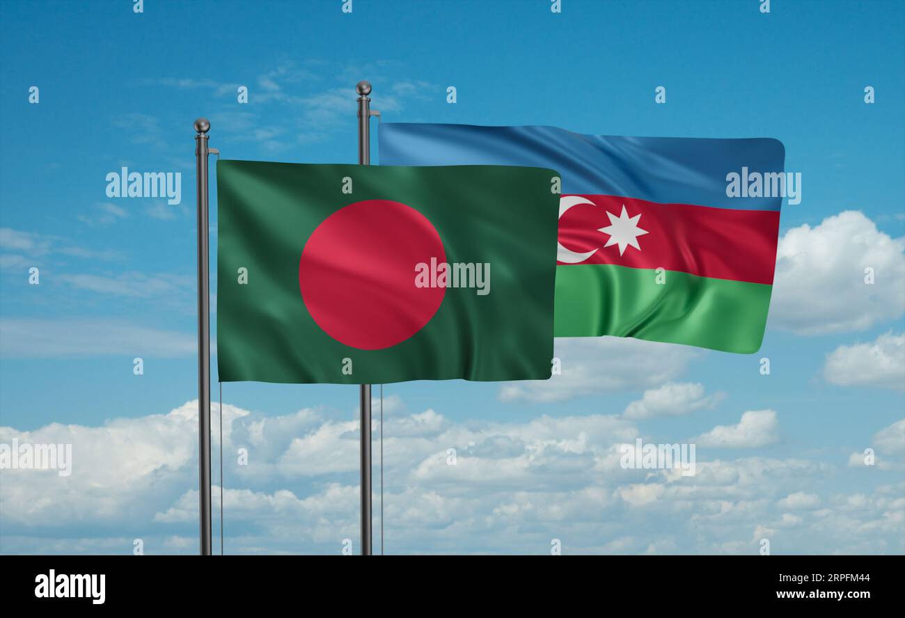 Azerbaijan and Bangladesh flag waving together in the wind on blue sky ...
