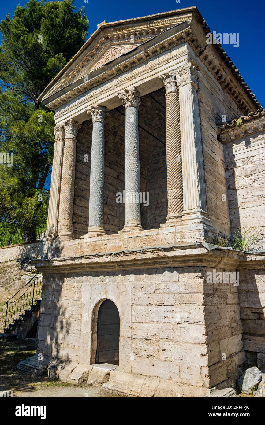 July 9, 2023 - Pissignano, Perugia, Umbria. The so-called Temple of Clitumnus is a small early medieval church that sits near Campello sul Clitunno. I Stock Photo