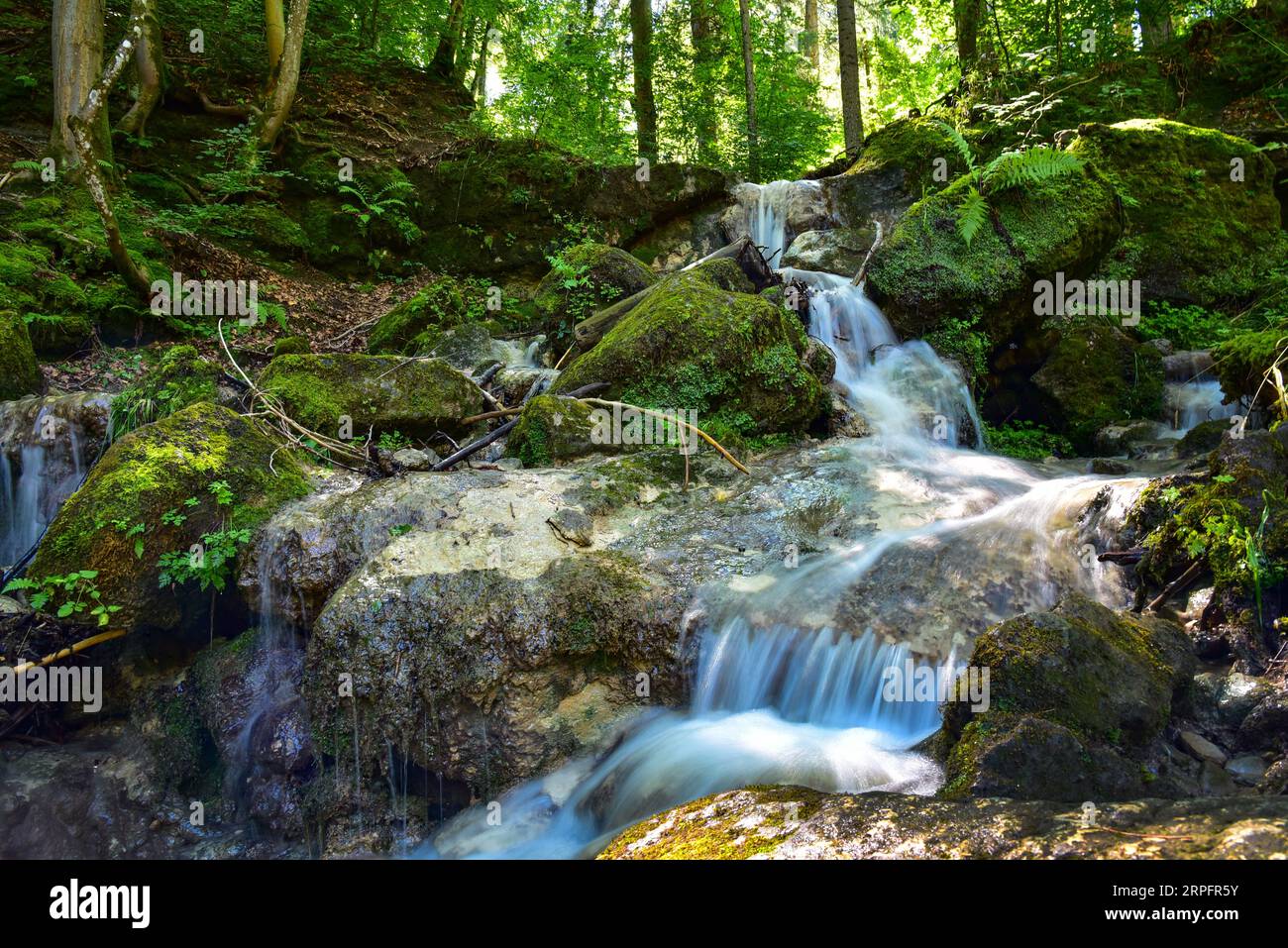 Waterfall in the Feuersteinschlucht at Auerberg in the Weilheim-Schongau district, Bavaria, Germany, Europe Stock Photo