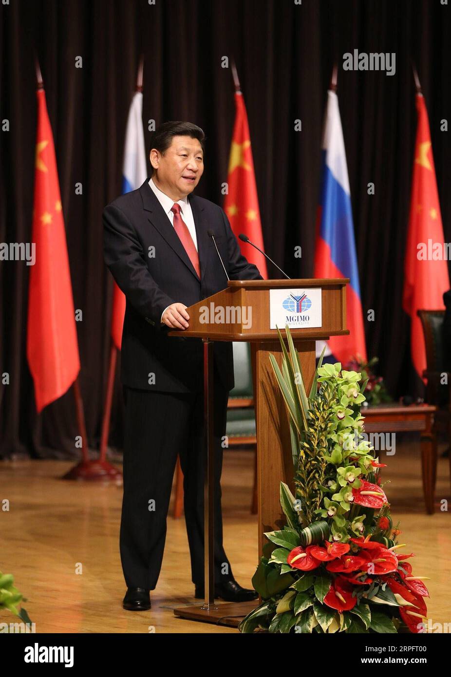 190930 -- BEIJING, Sept. 30, 2019 -- Xi Jinping delivers a speech at the Moscow State Institute of International Relations in Russia, March 23, 2013. TO GO WITH Xi Focus: Xi Jinping and China s new era  CHINA-XI JINPING-NEW ERA CN DingxLin PUBLICATIONxNOTxINxCHN Stock Photo