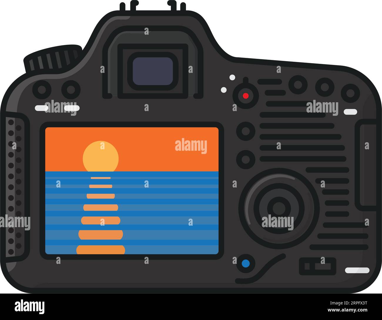 Rear view of DSLR camera with sunset in digital viewfinder isolated vector illustration for