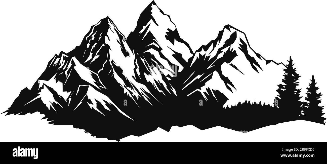 Mountain lake silhouette graphic art black white landscape illustration