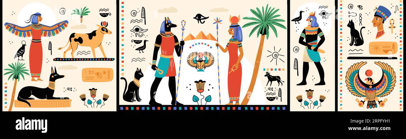Ancient Egypt horizontal papyrus. Pyramids mural. Pharaohs history. Gods mythology. Lost civilization. Sacred cat or scarab. Old hieroglyphs. Egyptian Stock Vector