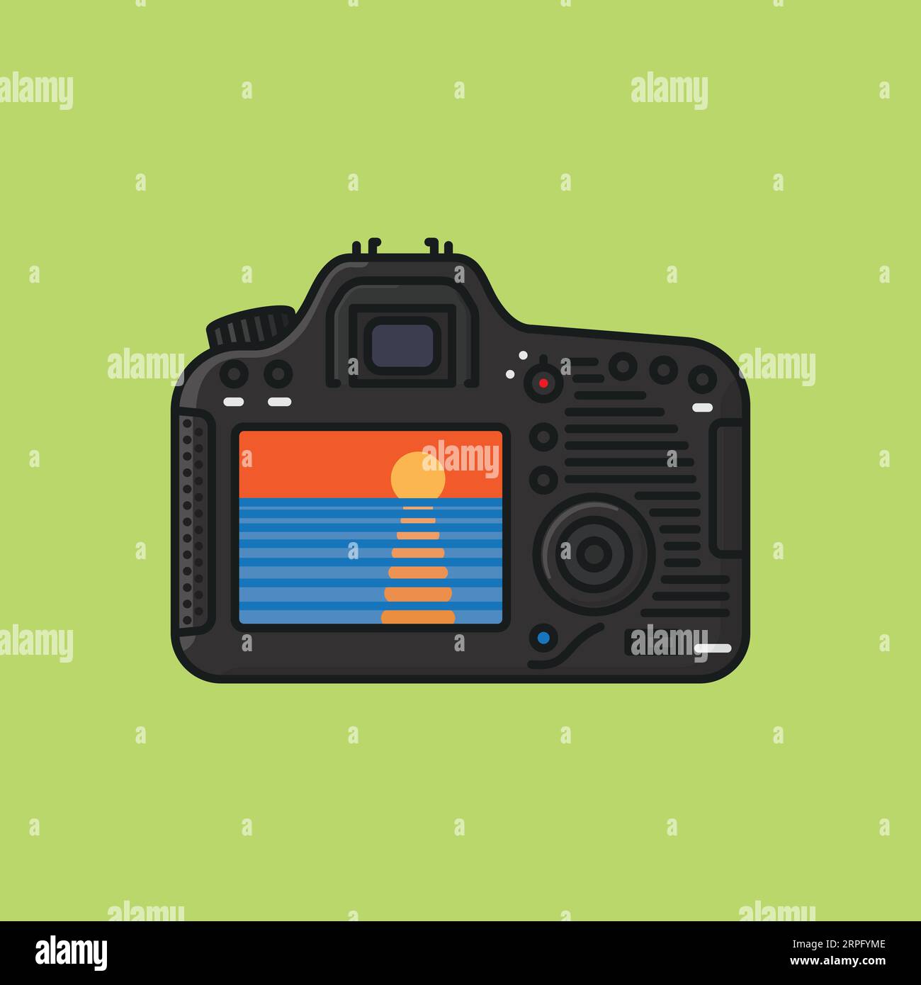 Rear view of DSLR camera with sunset in digital viewfinder vector illustration for World Nature Photography Day on June 15 Stock Vector