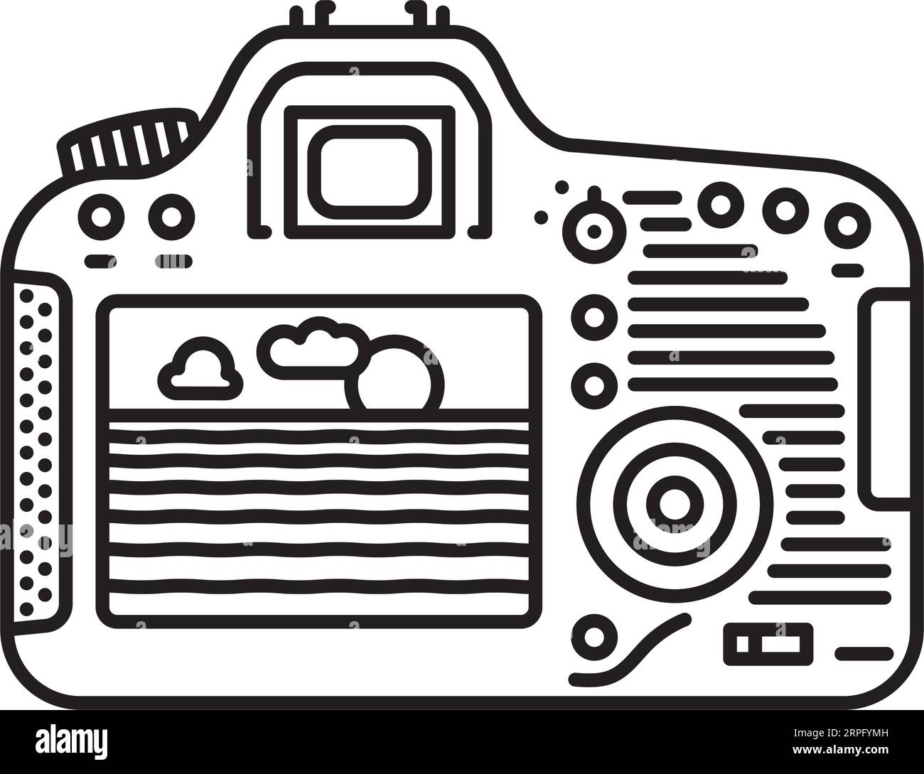 Rear view of DSLR camera with sunset in digital viewfinder vector line icon for World Nature Photography Day on June 15 Stock Vector