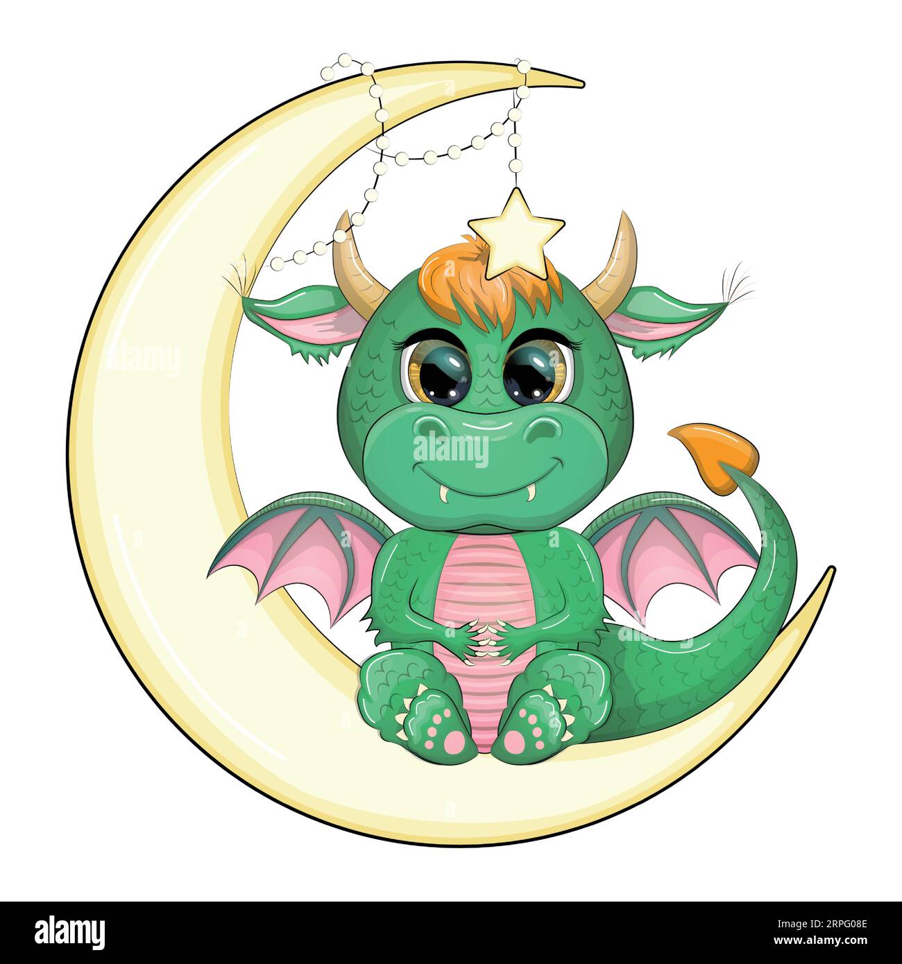 A cute cartoon green dragon sits on the moon. Year 2024 Chinese