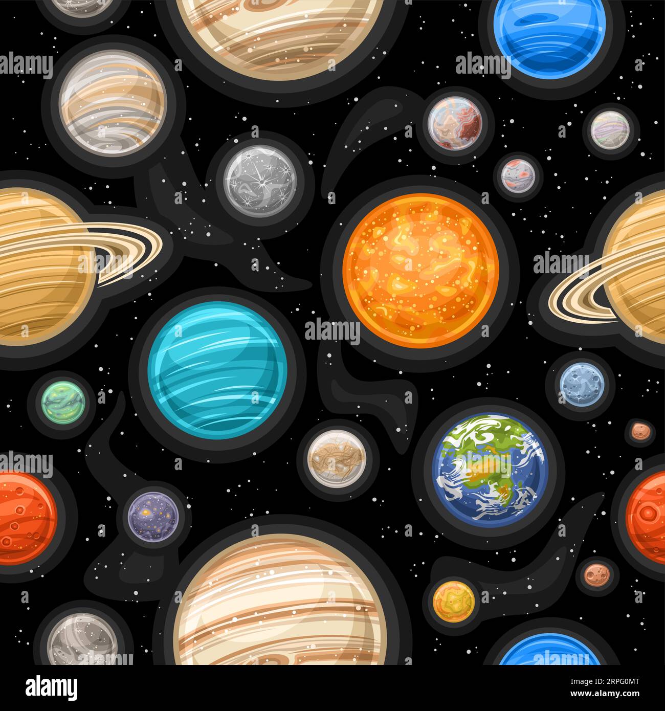 Vector Space Seamless Pattern, square repeat background with illustration of fantasy planets in deep space for bed linen or wrapping paper, decorative Stock Vector