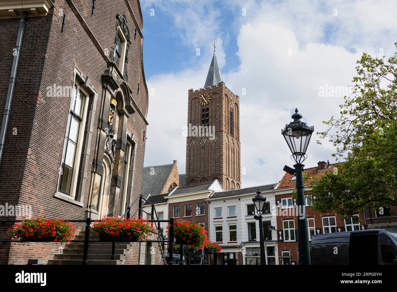 City scape of Schiedam with the town hall and church tower Stock Photo