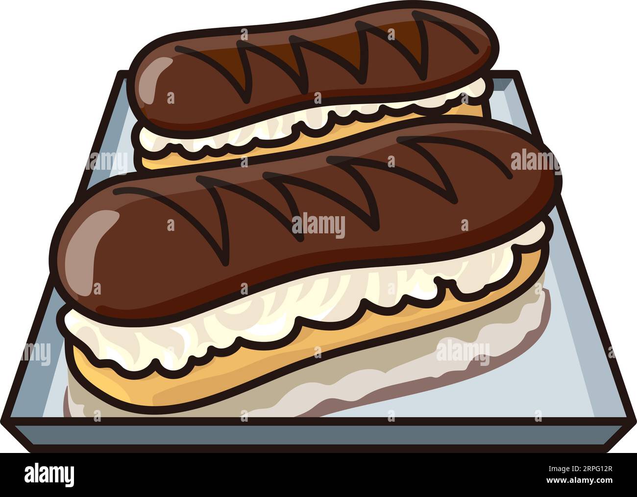 Two chocolate eclairs on a plate isolated vector illustration for