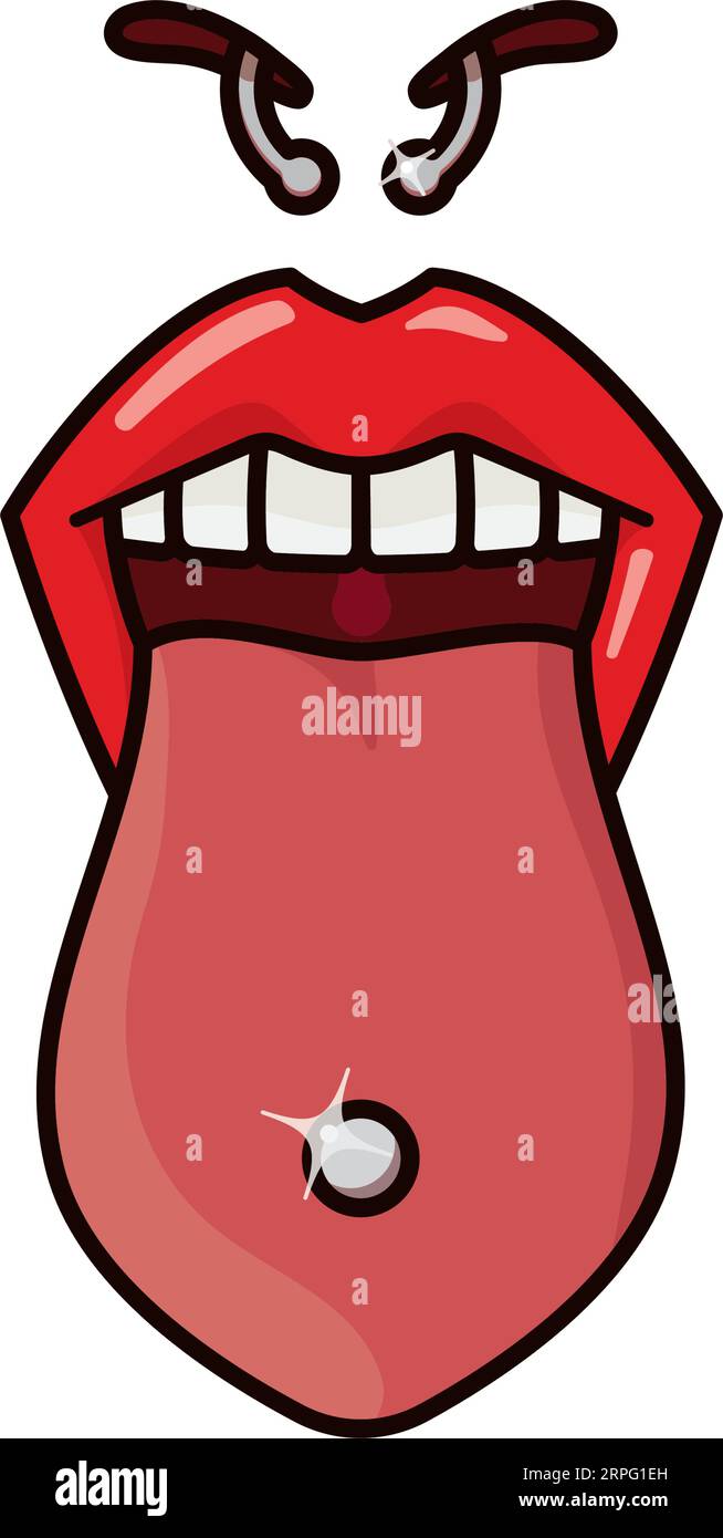 Female nose, lips and tongue with piercings isolated vector illustration for International Body Piercing Day Stock Vector