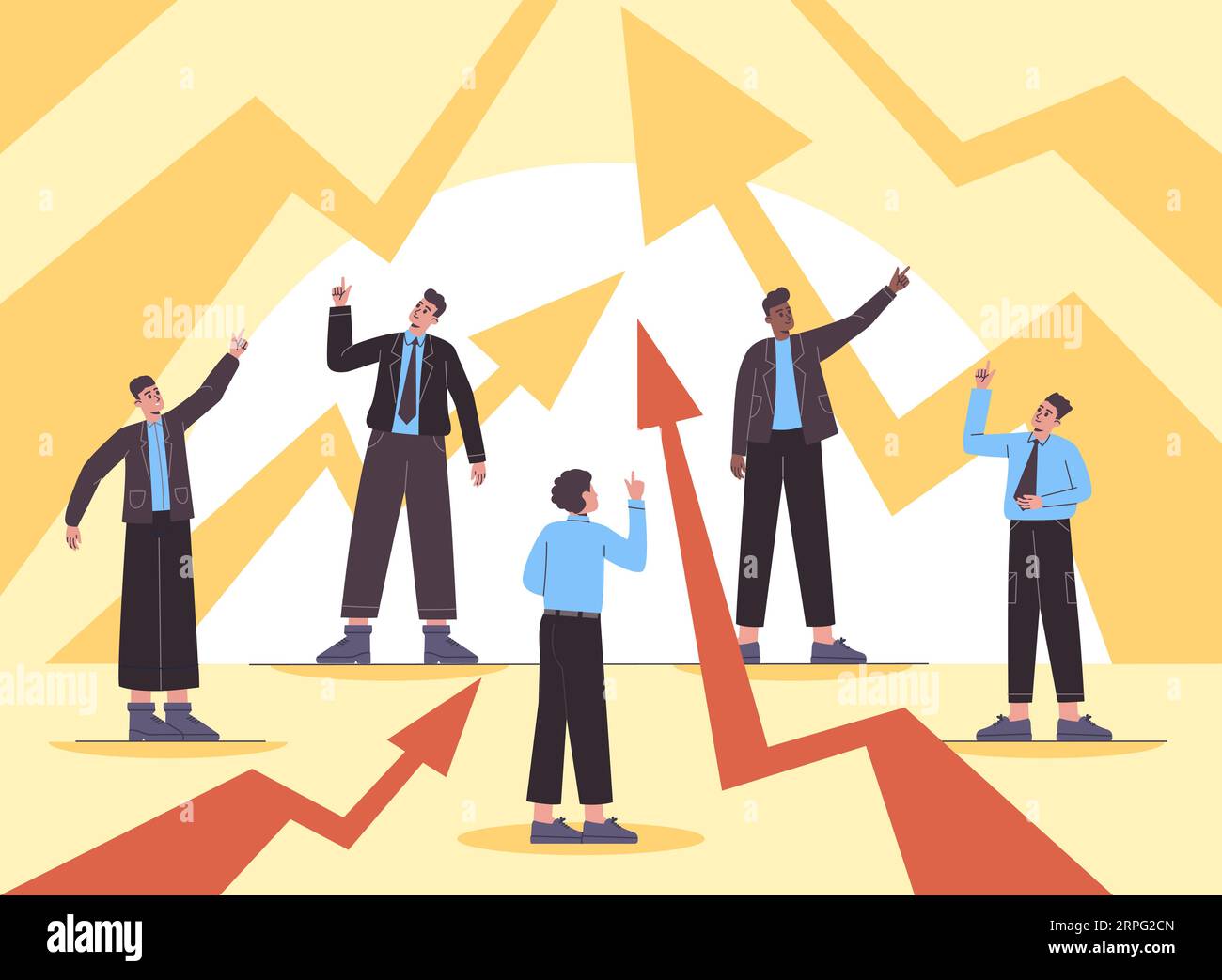 Business people looking up. Men in office suits and ties. Managers