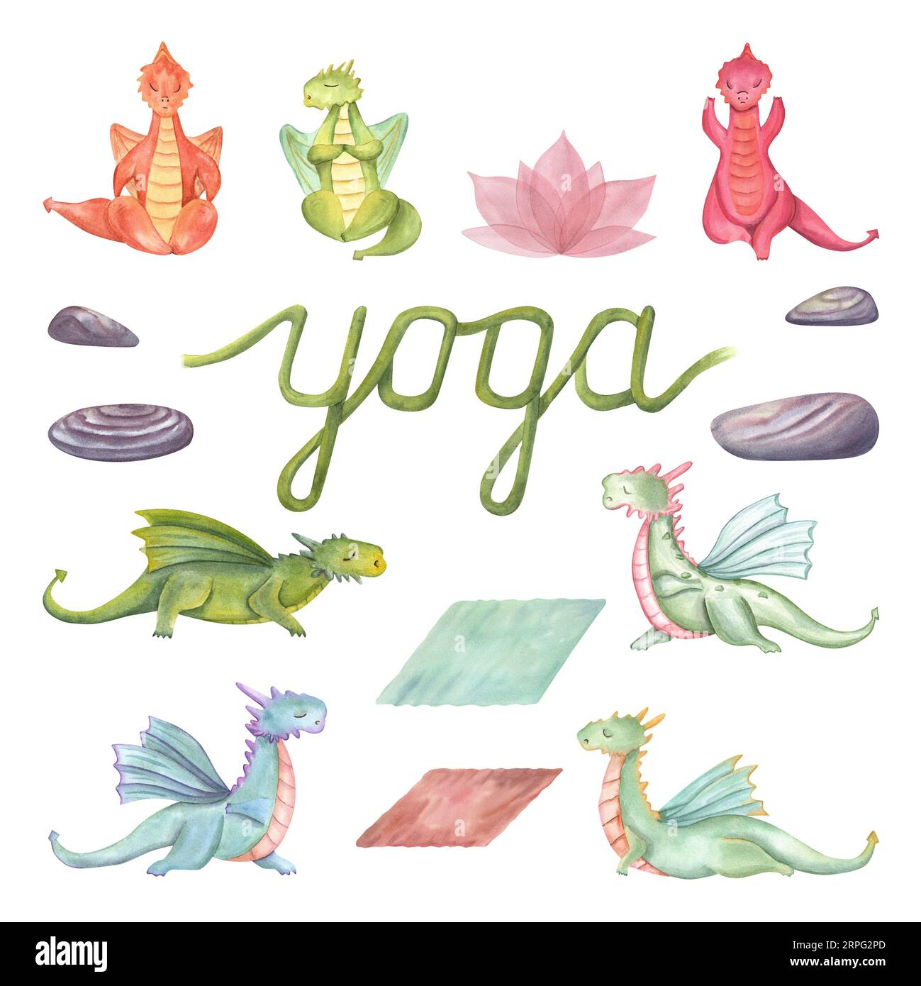 Set with Dragons doing yoga. Animal meditation. Colored Dragons, rugs, stones, lotus. Cartoon style. Watercolor illustration isolated on white Stock Photo