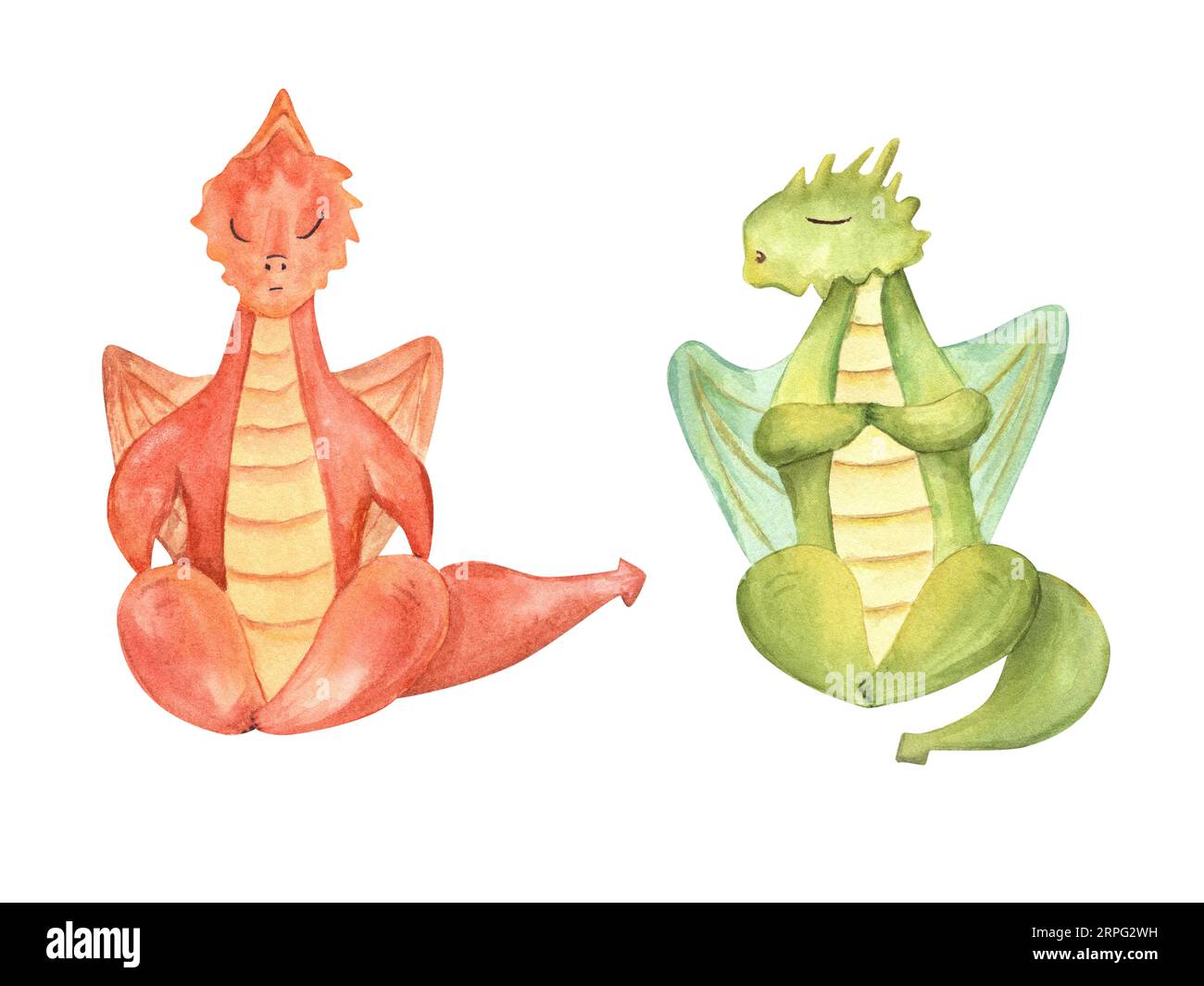 Set of stylish cartoon Dragons sitting in lotus pose. Dinosaur meditation. Colored Dragons practicing fitness exercises. Watercolor illustration Stock Photo